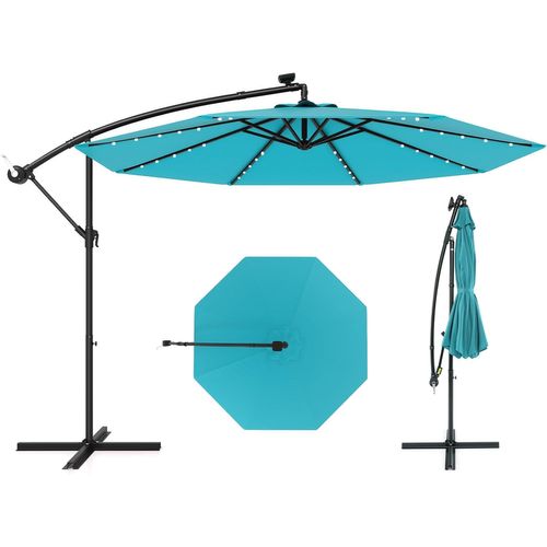 Parasol Déporté 3m Hexagonale, Avec 40 LED Solaire, Inclinable, 8 Baleines En Métal (turquoise)