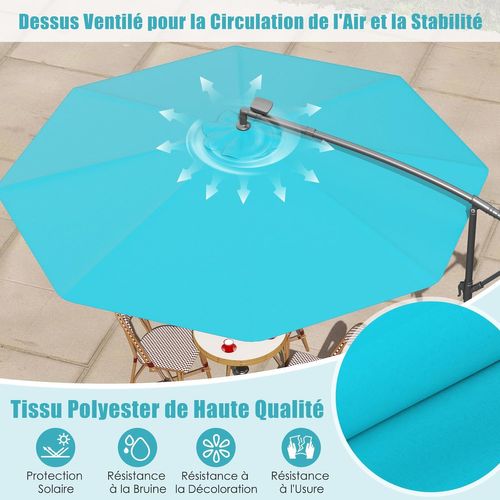 Parasol Déporté 3m Hexagonale, Avec 40 LED Solaire, Inclinable, 8 Baleines En Métal (turquoise)