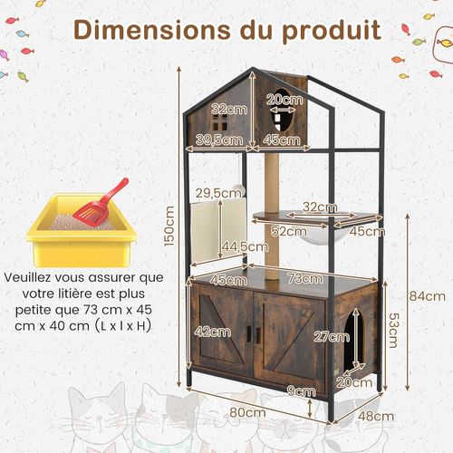 Meuble Litiere Chat, Tapis Et Poteaux à Griffer En Sisal, Condo, Capsule, 80 X 48 X 150 Cm