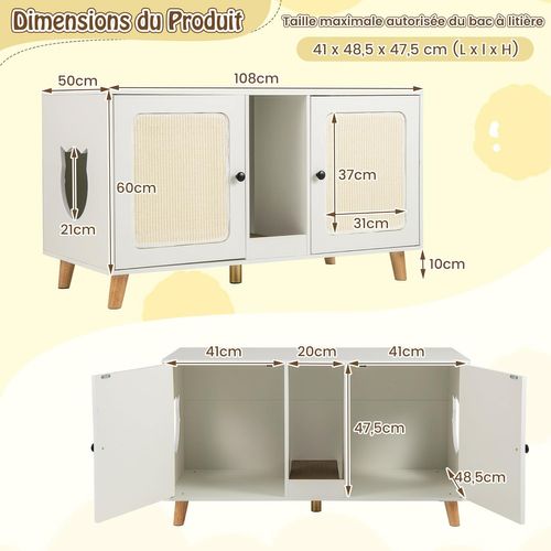 Meuble Litiere Chat En Bois, Tapis à Griffer Amovible, Trous Latéraux, 108 X 50 X 60 Cm (blanc)