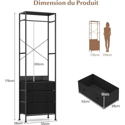Porte Manteaux Entrée 3 En 1, Commode 3 Tiroirs Pliables, Tringle à 3 Positions (noir)