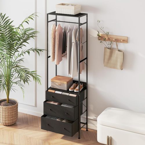 Porte Manteaux Entrée 3 En 1, Commode 3 Tiroirs Pliables, Tringle à 3 Positions (noir)