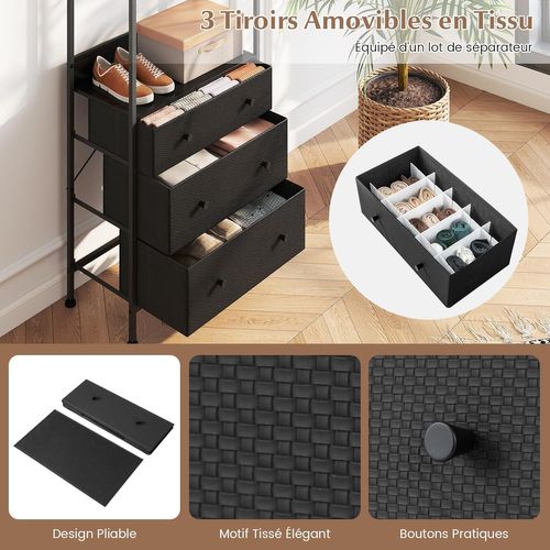 Porte Manteaux Entrée 3 En 1, Commode 3 Tiroirs Pliables, Tringle à 3 Positions (noir)