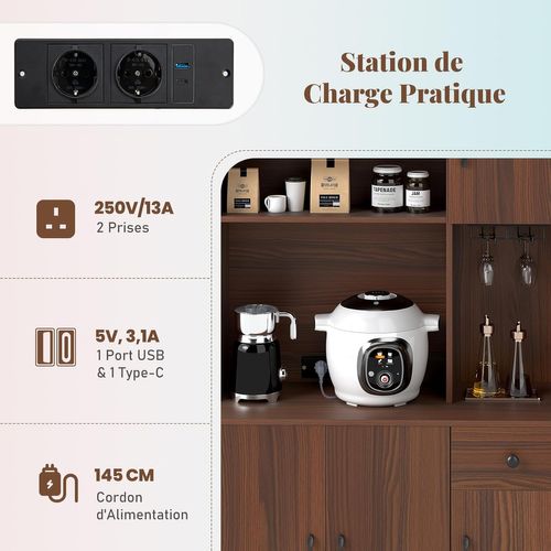 Meuble De Cuisine Avec Prise, Grand Buffet Cuisine Rangement, Tiroir, Support à Verres à Pied