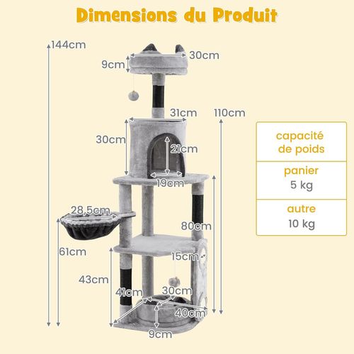 Arbre à Chat 144 Cm, Arbre à Chat Bois à 5 Niveaux, 2 Tapis Et 3 Poteaux à Griffer,41 X 40 X 144 Cm