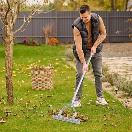 Râteau De Jardin En Aluminium Avec Long Manche Et 19 Dents Incurvées, Outils De Jardin