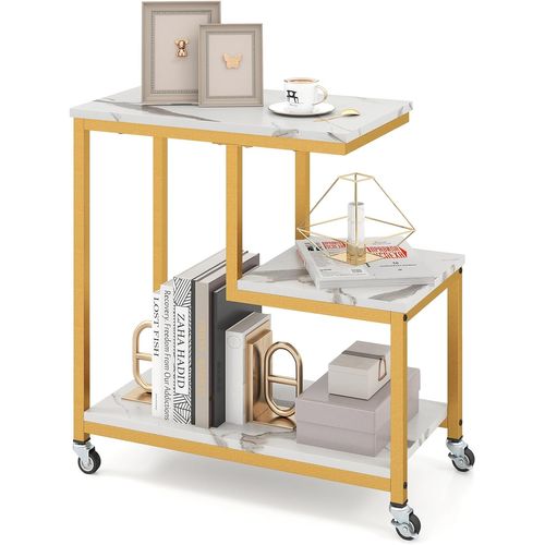 Table D’appoint, Bout De Canapé à Roulette, Effet Marbre, Etagères Ouvertes,roulettes Verrouillables