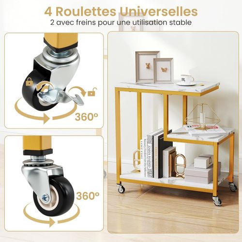 Table D’appoint, Bout De Canapé à Roulette, Effet Marbre, Etagères Ouvertes,roulettes Verrouillables