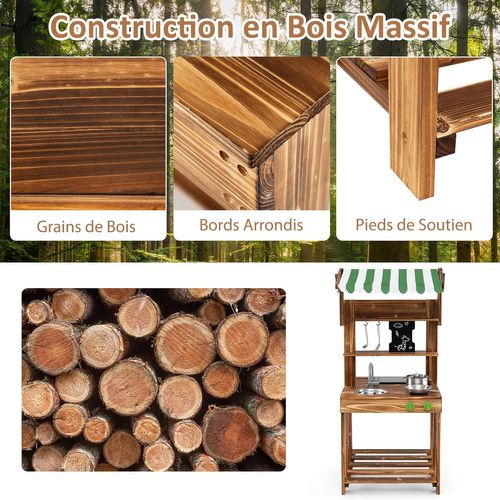 Cuisine Extérieure Enfant Double Face Avec Tableau Noir et Auvent, En Bois De Sapin, Pour 3 Ans+