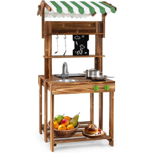 Cuisine Extérieure Enfant Double Face Avec Tableau Noir et Auvent, En Bois De Sapin, Pour 3 Ans+