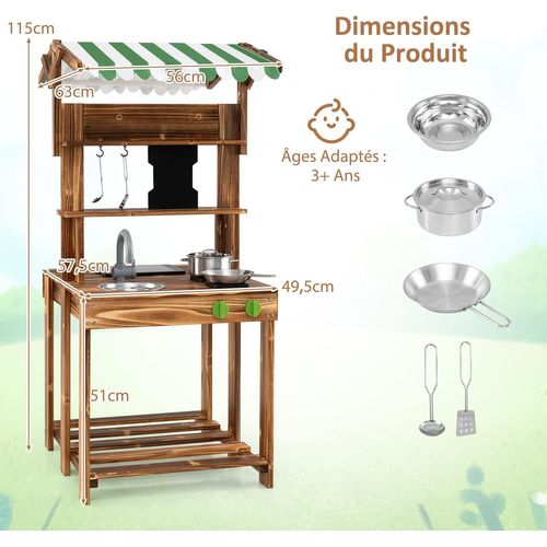 Cuisine Extérieure Enfant Double Face Avec Tableau Noir et Auvent, En Bois De Sapin, Pour 3 Ans+