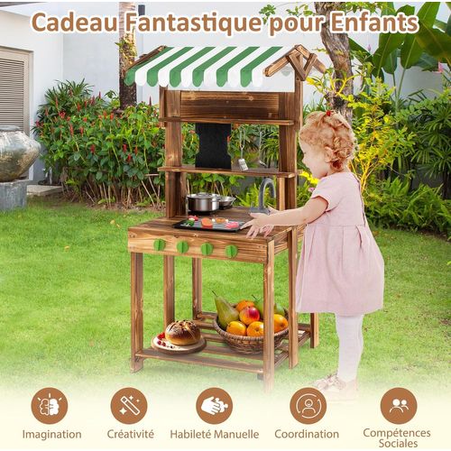Cuisine Extérieure Enfant Double Face Avec Tableau Noir et Auvent, En Bois De Sapin, Pour 3 Ans+