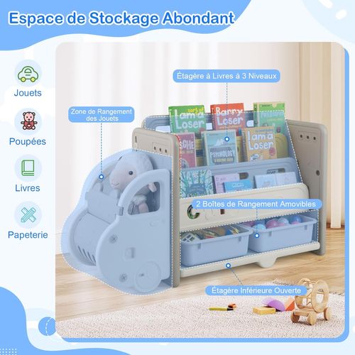Bibliothèque Enfant En Hdpe Avec Forme Voiture et 2 Boîtes, Étagère à Livres à 3 Niveaux