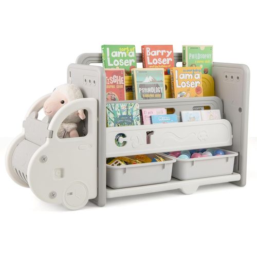 Bibliothèque Enfant En Hdpe Avec Forme Voiture et 2 Boîtes, Étagère à Livres à 3 Niveaux