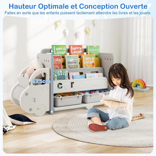Bibliothèque Enfant En Hdpe Avec Forme Voiture et 2 Boîtes, Étagère à Livres à 3 Niveaux