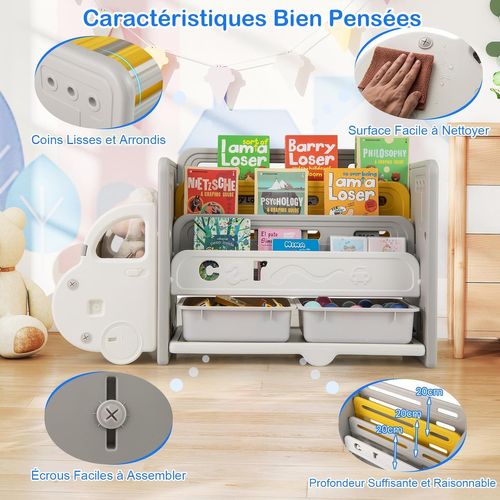 Bibliothèque Enfant En Hdpe Avec Forme Voiture et 2 Boîtes, Étagère à Livres à 3 Niveaux