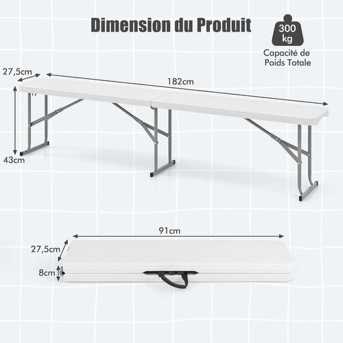 Banc Exterieur Jardin 182 X 27,5 X 43 Cm, Banc Pliable à 3 Places En Hdpe, Charge 300 Kg