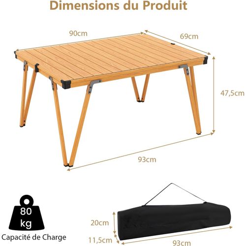 Table De Camping Pliante Grande Surface 93 X 69 Cm, Charge 80kg, Avec Sac De Transport (naturel)
