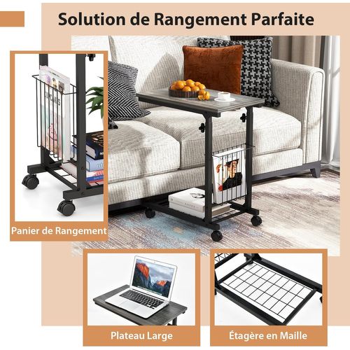 Table D'appoint à Roulettes, Bout De Canapé En Forme De C Avec Porte-revues, Table De Lit à Roulette