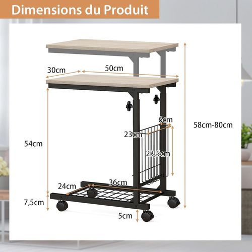 Table D'appoint à Roulettes, Bout De Canapé En Forme De C Avec Porte-revues, Table De Lit à Roulette