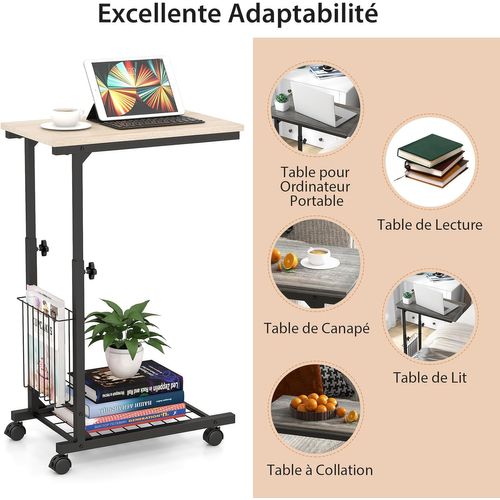 Table D'appoint à Roulettes, Bout De Canapé En Forme De C Avec Porte-revues, Table De Lit à Roulette