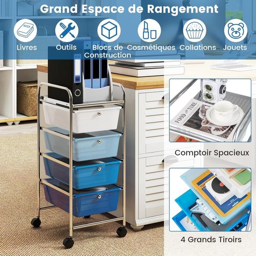 Chariot De Rangement à Roulettes Avec 4 Tiroirs Plastiques Amovibles (32x37x76cm,dégradé Bleu)