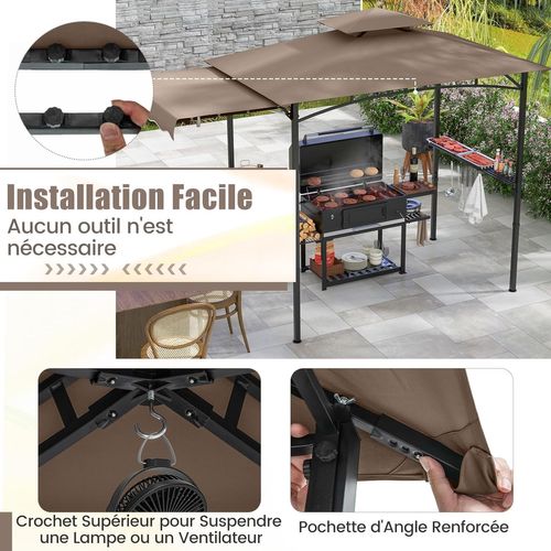 Tonnelle De Barbecue 318 X 153 Cm Avec Auvent Latéral, Abri Barbecue Cadre En Métal，brun