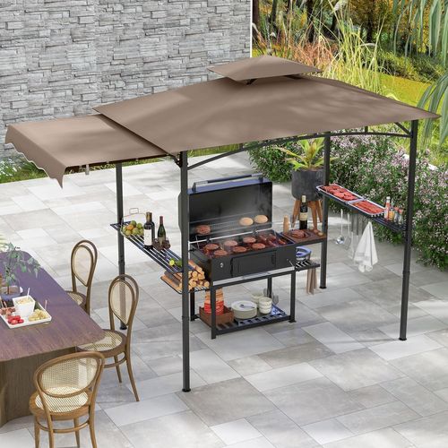 Tonnelle De Barbecue 318 X 153 Cm Avec Auvent Latéral, Abri Barbecue Cadre En Métal，brun