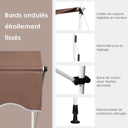 Store Banne Manuel Rétractable De 2 X 1,25m Avec Manivelle Hauteur Réglable 200-300cm (brun)