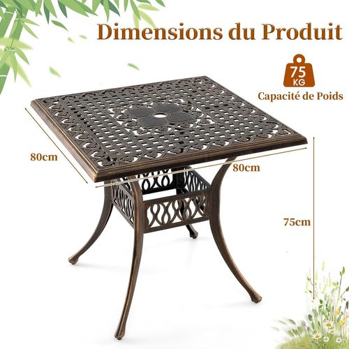 Table Jardin Carrée Antique 80 Cm 4 Personnes, Table De Patio Avec Trou Pour Parasol 4,8 Cm, Bronze