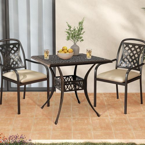 Table Jardin Carrée Antique 80 Cm 4 Personnes, Table De Patio Avec Trou Pour Parasol 4,8 Cm, Bronze
