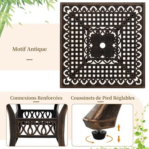 Table Jardin Carrée Antique 80 Cm 4 Personnes, Table De Patio Avec Trou Pour Parasol 4,8 Cm, Bronze