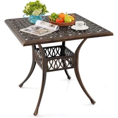 Table Jardin Carrée Antique 80 Cm 4 Personnes, Table De Patio Avec Trou Pour Parasol 4,8 Cm, Bronze