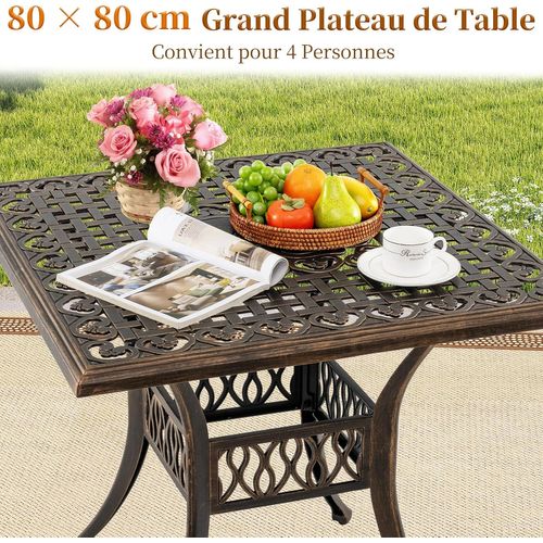 Table Jardin Carrée Antique 80 Cm 4 Personnes, Table De Patio Avec Trou Pour Parasol 4,8 Cm, Bronze