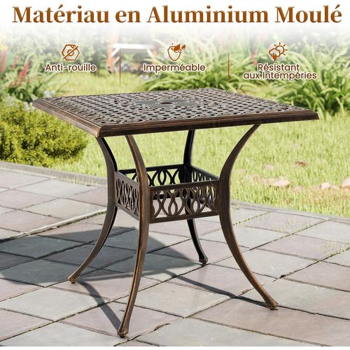 Table Jardin Carrée Antique 80 Cm 4 Personnes, Table De Patio Avec Trou Pour Parasol 4,8 Cm, Bronze