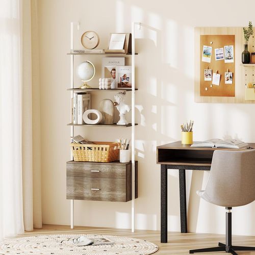 Bibliothèque Étagère à 6 Niveaux Avec 2 Tiroirs, 184 Cm De Haut, Étagère Murale, Gris