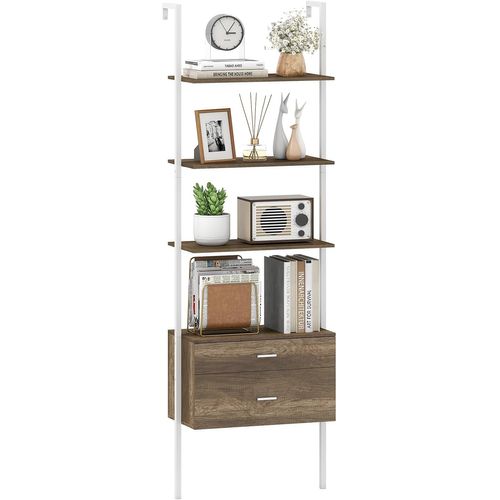 Bibliothèque Étagère à 6 Niveaux Avec 2 Tiroirs, 184 Cm De Haut, Étagère Murale, Gris