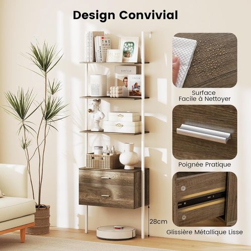 Bibliothèque Étagère à 6 Niveaux Avec 2 Tiroirs, 184 Cm De Haut, Étagère Murale, Gris