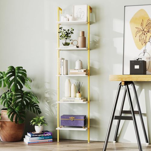 Étagère Échelle à 5 Niveaux, Bibliothèque Murale Industrielle Avec Kits Anti-renversement, Blanc