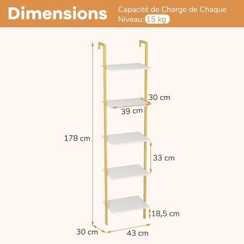 Étagère Échelle à 5 Niveaux, Bibliothèque Murale Industrielle Avec Kits Anti-renversement, Blanc