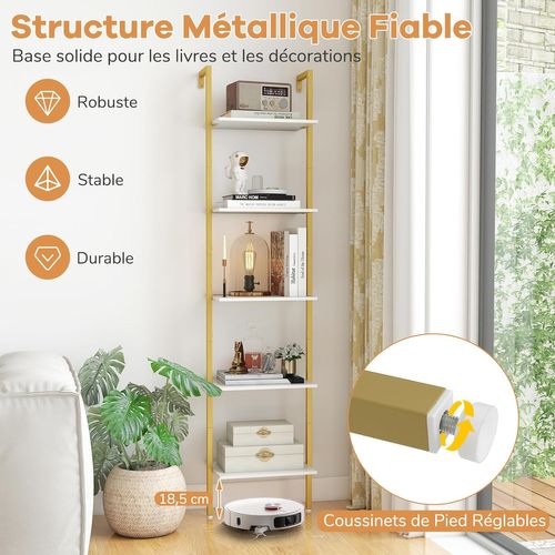 Étagère Échelle à 5 Niveaux, Bibliothèque Murale Industrielle Avec Kits Anti-renversement, Blanc