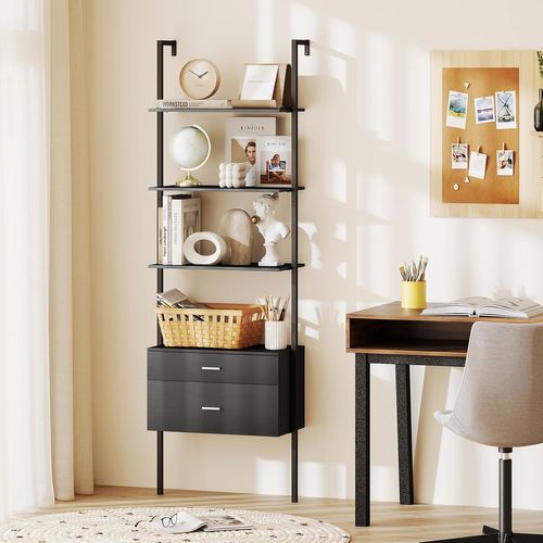 Bibliothèque Étagère à 6 Niveaux Avec 2 Tiroirs, 184 Cm De Haut, Étagère Murale, Noir