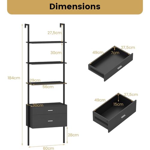 Bibliothèque Étagère à 6 Niveaux Avec 2 Tiroirs, 184 Cm De Haut, Étagère Murale, Noir