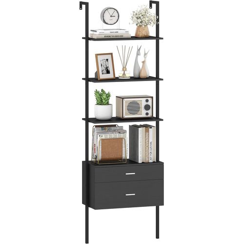 Bibliothèque Étagère à 6 Niveaux Avec 2 Tiroirs, 184 Cm De Haut, Étagère Murale, Noir