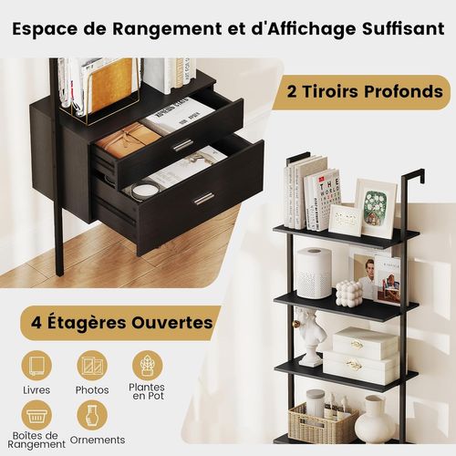 Bibliothèque Étagère à 6 Niveaux Avec 2 Tiroirs, 184 Cm De Haut, Étagère Murale, Noir
