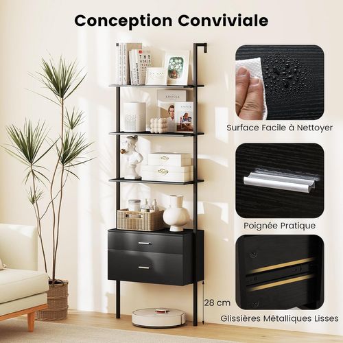 Bibliothèque Étagère à 6 Niveaux Avec 2 Tiroirs, 184 Cm De Haut, Étagère Murale, Noir