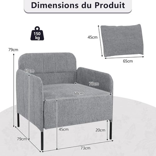Fauteuil De Salon, Canapé Simple Avec Coussin, Profondeur De 75 Cm, Pieds Réglables, Gris