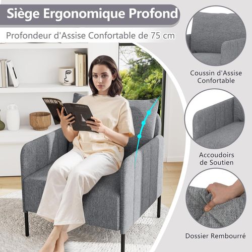 Fauteuil De Salon, Canapé Simple Avec Coussin, Profondeur De 75 Cm, Pieds Réglables, Gris