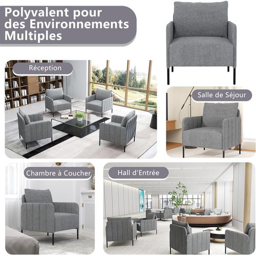 Fauteuil De Salon, Canapé Simple Avec Coussin, Profondeur De 75 Cm, Pieds Réglables, Gris