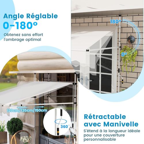 Store Banne Manuel Rétractable De 2 X 1,2/1,35/1,5m, Hauteur Réglable 210-300cm (blanc)